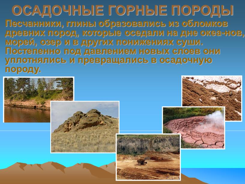 ОСАДОЧНЫЕ ГОРНЫЕ ПОРОДЫ Песчанники, глины образовались из обломков древних пород, которые оседали на дне океа-нов, морей, озер и в других понижениях суши