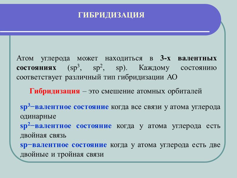 Атом углерода может находиться в 3-х валентных состояниях (sp3, sp2, sp)