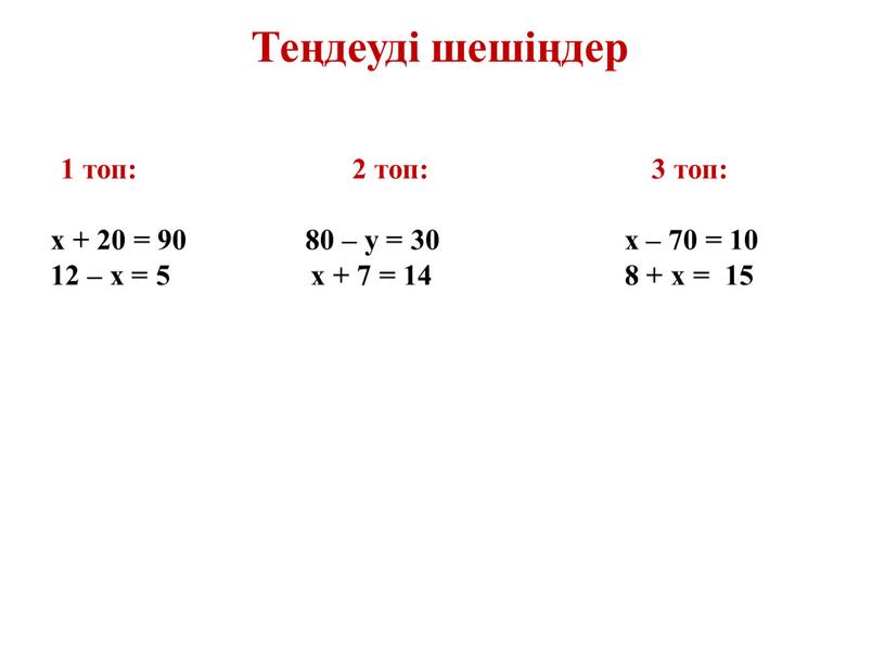Теңдеуді шешіңдер 1 топ: 2 топ: 3 топ: х + 20 = 90 80 – у = 30 х – 70 = 10 12 –…