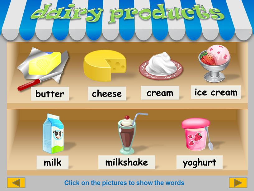 Click on the pictures to show the words cheese cream butter ice cream milk yoghurt milkshake dairy products