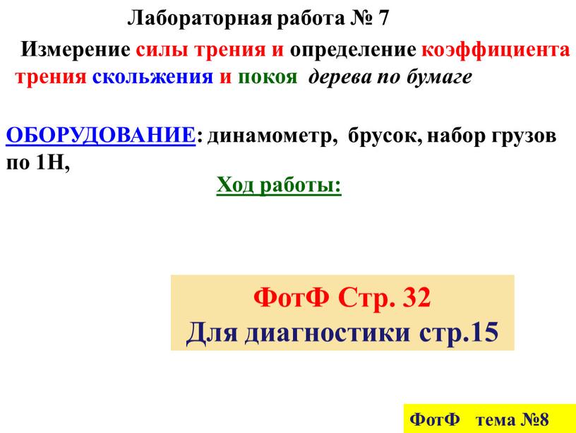 Лабораторная работа № 7 ОБОРУДОВАНИЕ : динамометр, брусок, набор грузов по 1Н,