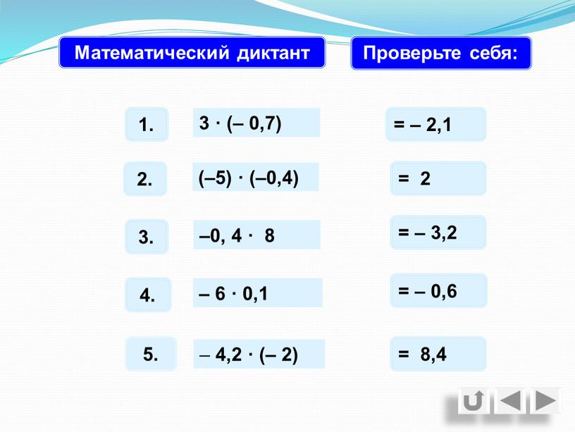 Математический диктант Проверьте себя: = – 2,1 = 2 = – 3,2 = – 0,6 = 8,4