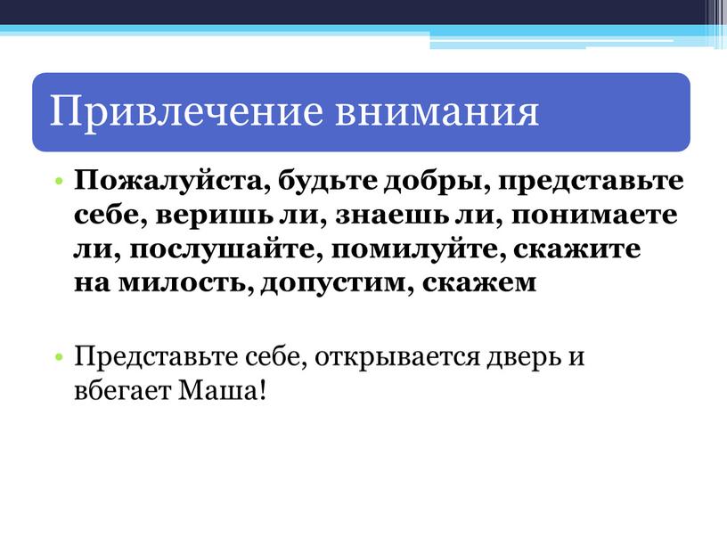 Пожалуйста, будьте добры, представьте себе, веришь ли, знаешь ли, понимаете ли, послушайте, помилуйте, скажите на милость, допустим, скажем