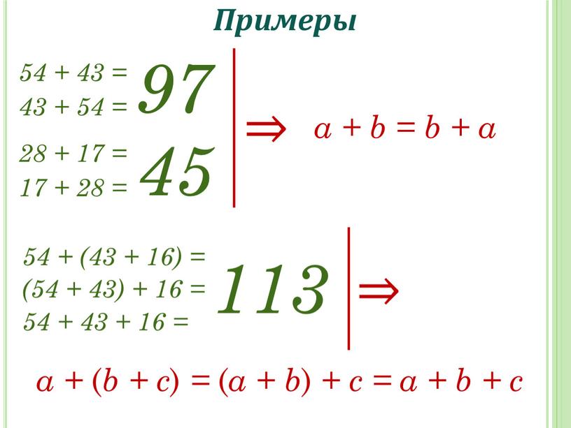 Примеры 54 + 43 = 43 + 54 = 28 + 17 = 17 + 28 = 97 45 ⇒ а + b = b…