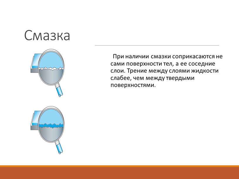 Смазка При наличии смазки соприкасаются не сами поверхности тел, а ее соседние слои