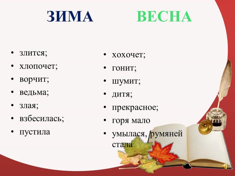 ЗИМА ВЕСНА злится; хлопочет; ворчит; ведьма; злая; взбесилась; пустила хохочет; гонит; шумит; дитя; прекрасное; горя мало умылася, румяней стала