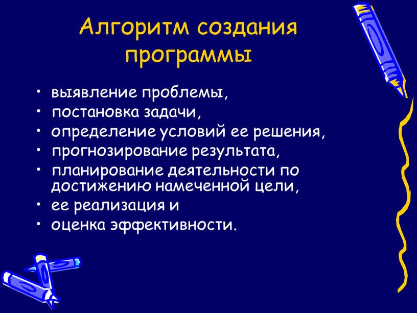 Алгоритм создания программы выявление проблемы, постановка задачи, определение условий ее решения, прогнозирование результата, планирование деятельности по достижению намеченной цели, ее реализация и оценка эффективности