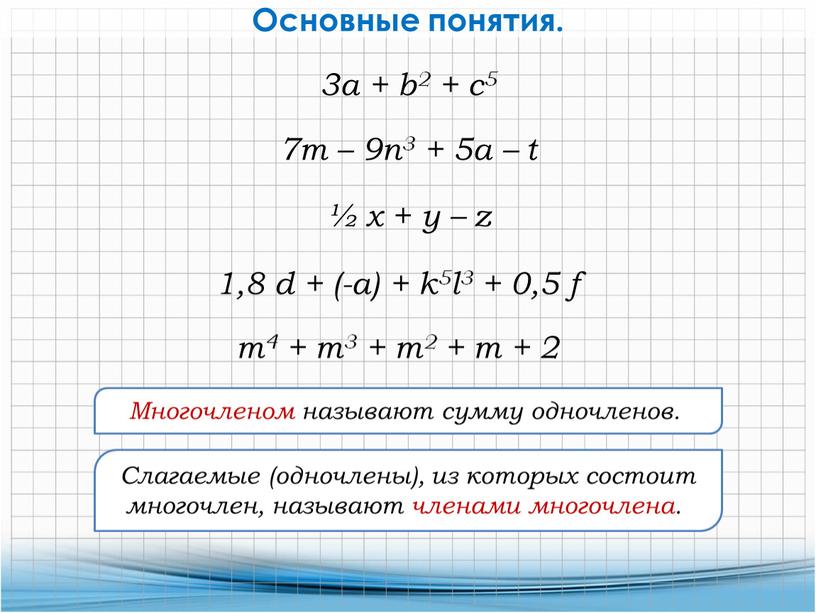 Основные понятия. Многочленом называют сумму одночленов