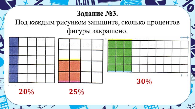 Задание №3. Под каждым рисунком запишите, сколько процентов фигуры закрашено