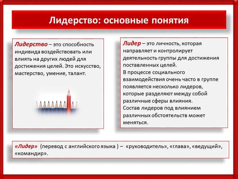 Лидерство: основные понятия «Лидер» (перевод с английского языка ) – «руководитель», «глава», «ведущий», «командир»