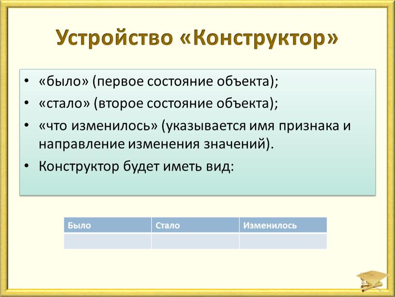 Устройство «Конструктор» «было» (первое состояние объекта); «стало» (второе состояние объекта); «что изменилось» (указывается имя признака и направление изменения значений)