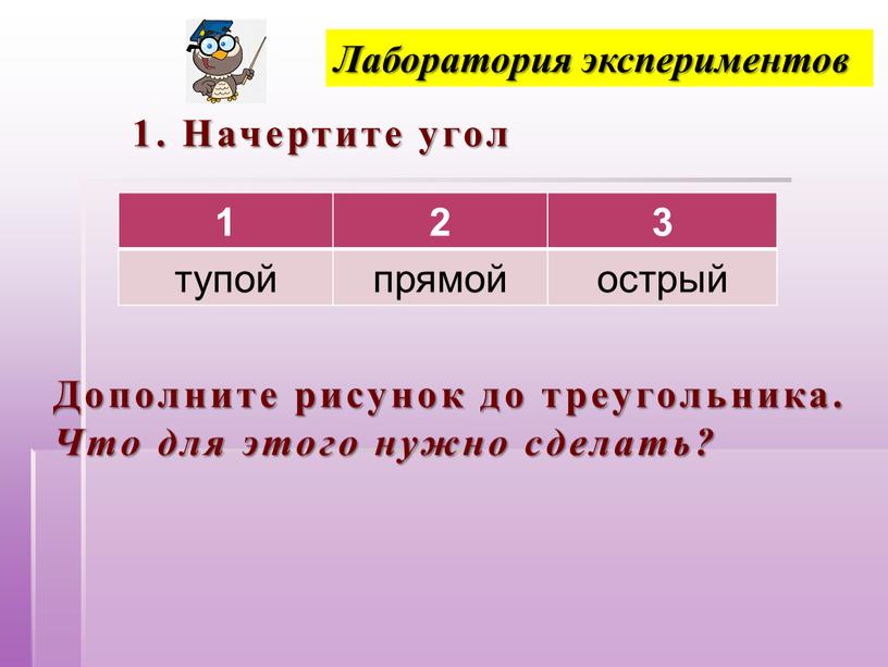 Лаборатория экспериментов 1. Начертите угол 1 2 3 тупой прямой острый