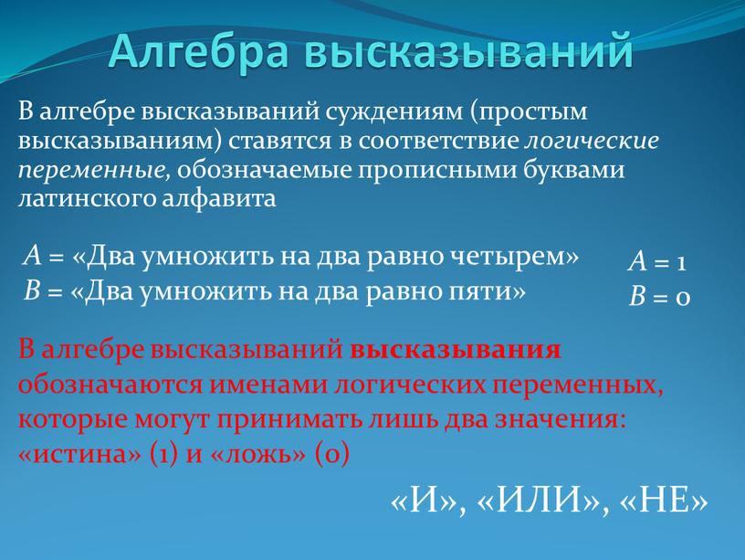 Алгебра высказываний В алгебре высказываний суждениям (простым высказываниям) ставятся в соответствие логические переменные, обозначаемые прописными буквами латинского алфавита