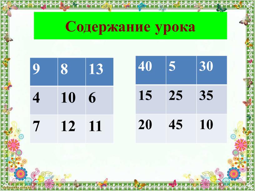 Содержание урока 9 8 13 4 10 6 7 12 11 40 5 30 15 25 35 20 45 10