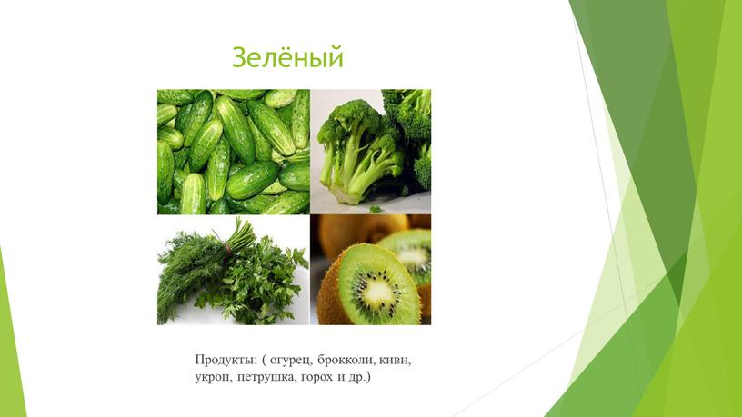 Зелёный Продукты: ( огурец, брокколи, киви, укроп, петрушка, горох и др