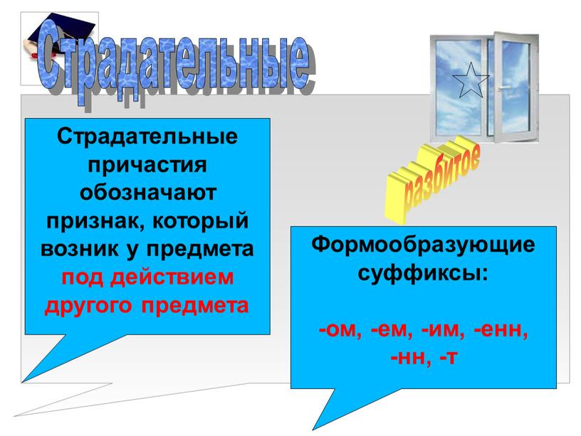 Страдательные Страдательные причастия обозначают признак, который возник у предмета под действием другого предмета