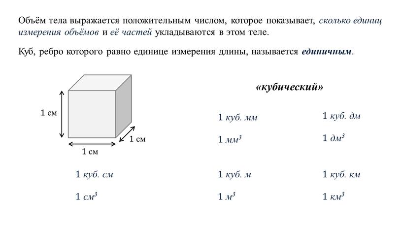 Объём тела выражается положительным числом, которое показывает, сколько единиц измерения объёмов и её частей укладываются в этом теле