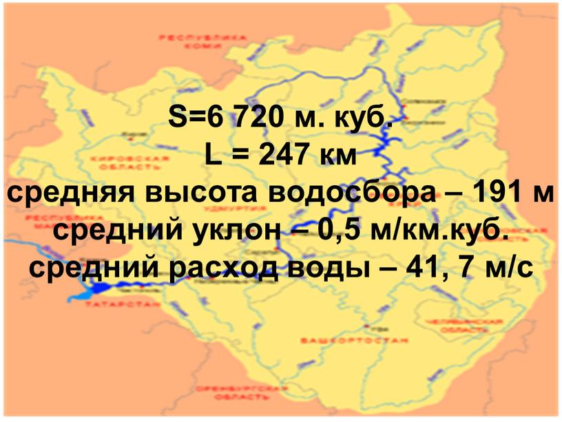 S=6 720 м. куб. L = 247 км средняя высота водосбора – 191 м средний уклон – 0,5 м/км