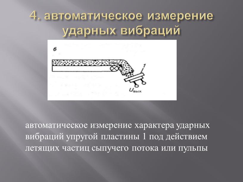 4. автоматическое измерение ударных вибраций автоматическое измерение характера ударных вибраций упругой пластины 1 под действием летящих частиц сыпучего потока или пульпы