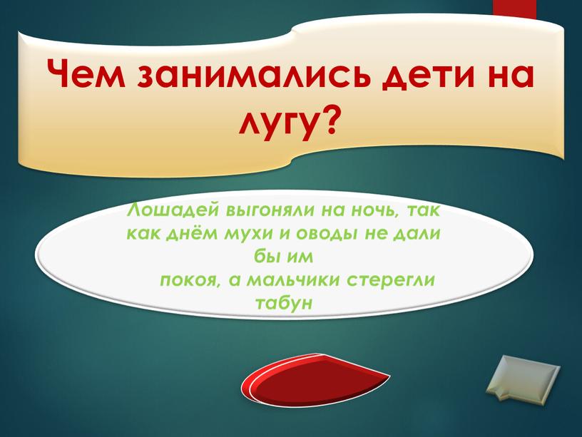 Чем занимались дети на лугу? Лошадей выгоняли на ночь, так как днём мухи и оводы не дали бы им покоя, а мальчики стерегли табун