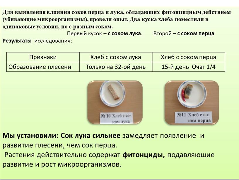 Для выявления влияния соков перца и лука, обладающих фитонцидным действием (убивающие микроорганизмы), провели опыт