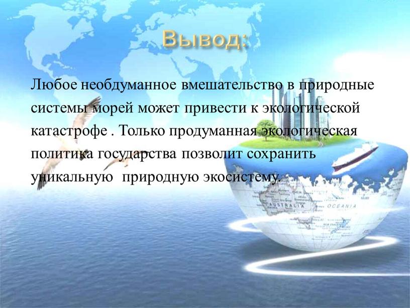 Любое необдуманное вмешательство в природные системы морей может привести к экологической катастрофе