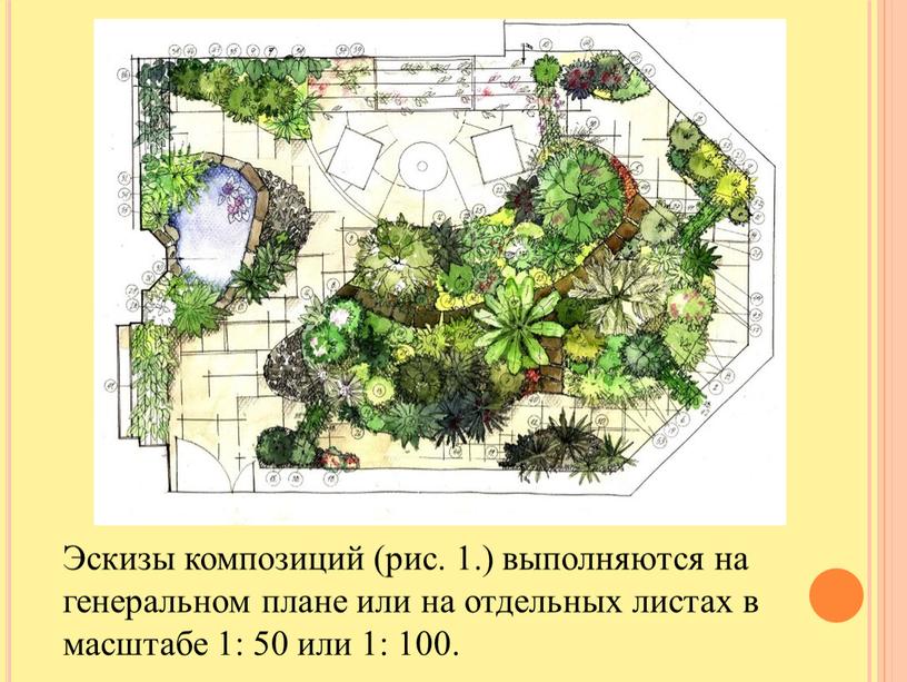 Эскизы композиций (рис. 1.) выполняются на генеральном плане или на отдельных листах в масштабе 1: 50 или 1: 100