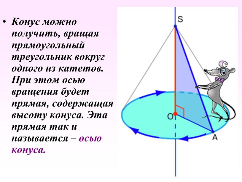 Конус можно получить, вращая прямоугольный треугольник вокруг одного из катетов