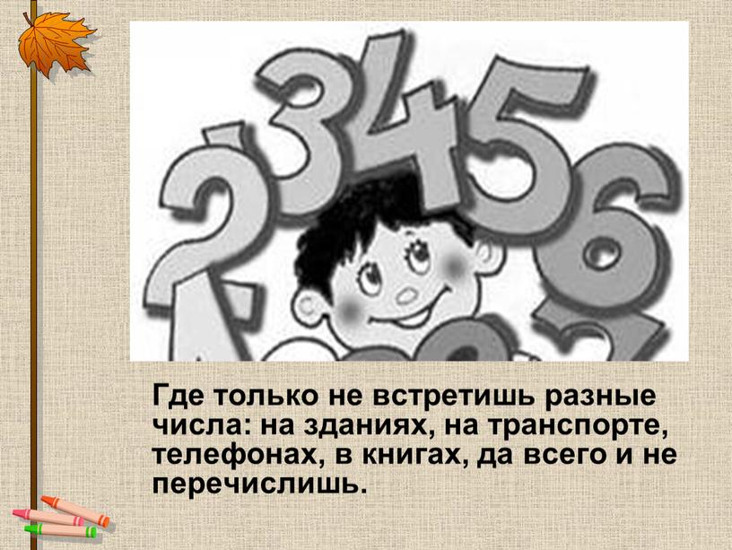 Где только не встретишь разные числа: на зданиях, на транспорте, телефонах, в книгах, да всего и не перечислишь