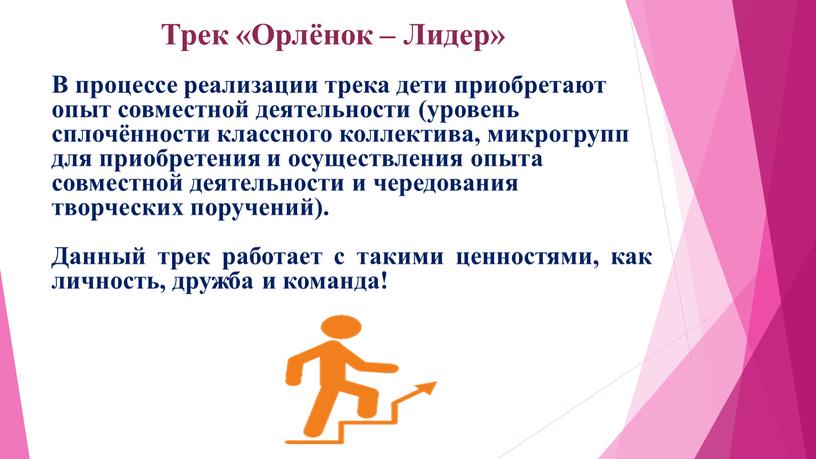 Трек «Орлёнок – Лидер» В процессе реализации трека дети приобретают опыт совместной деятельности (уровень сплочённости классного коллектива, микрогрупп для приобретения и осуществления опыта совместной деятельности…