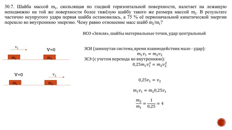 Шайба массой m1, скользящая по гладкой горизонтальной поверхности, налетает на лежащую неподвижно на той же поверхности более тяжёлую шайбу такого же размера массой m2