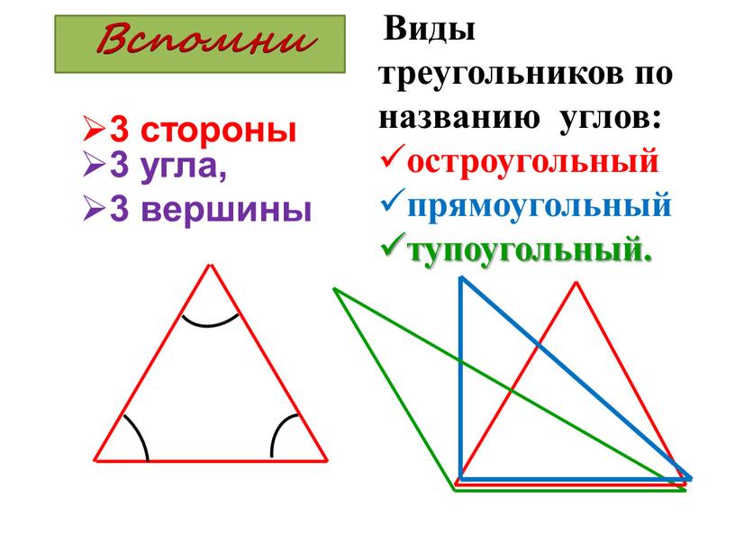 Виды треугольников по названию углов: остроугольный прямоугольный тупоугольный