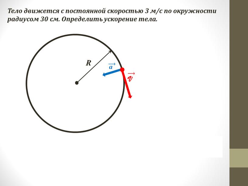 R V Тело движется с постоянной скоростью 3 м/с по окружности радиусом 30 см