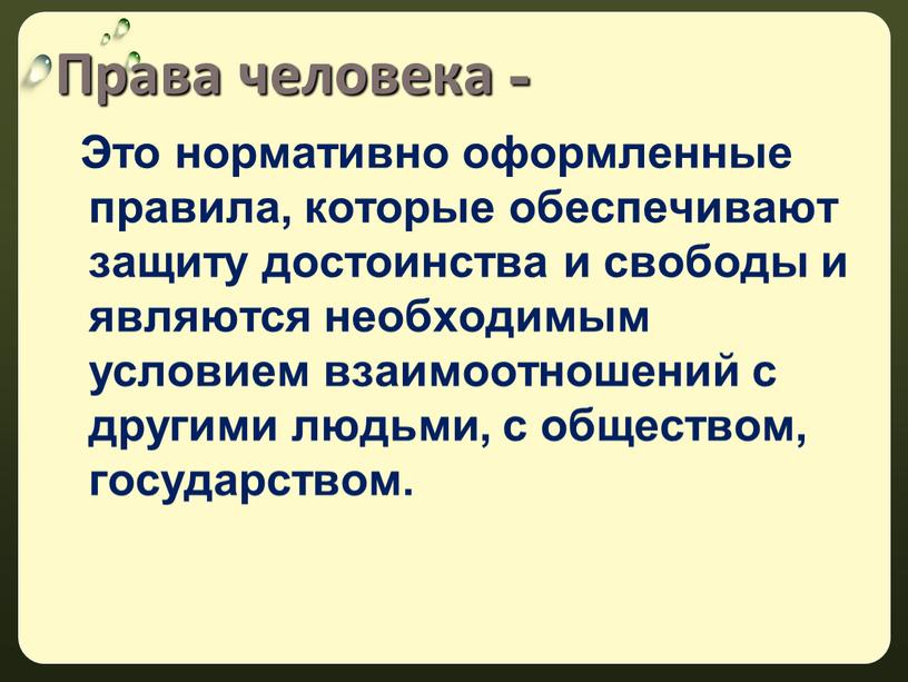 Права человека - Это нормативно оформленные правила, которые обеспечивают защиту достоинства и свободы и являются необходимым условием взаимоотношений с другими людьми, с обществом, государством