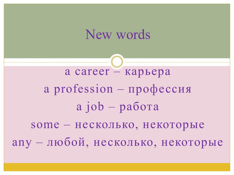 a career – карьера a profession – профессия a job – работа some – несколько, некоторые any – любой, несколько, некоторые New words