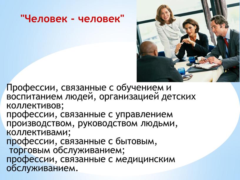 Человек - человек" Профессии, связанные с обучением и воспитанием людей, организацией детских коллективов; профессии, связанные с управлением производством, руководством людьми, коллективами; профессии, связанные с бытовым,…