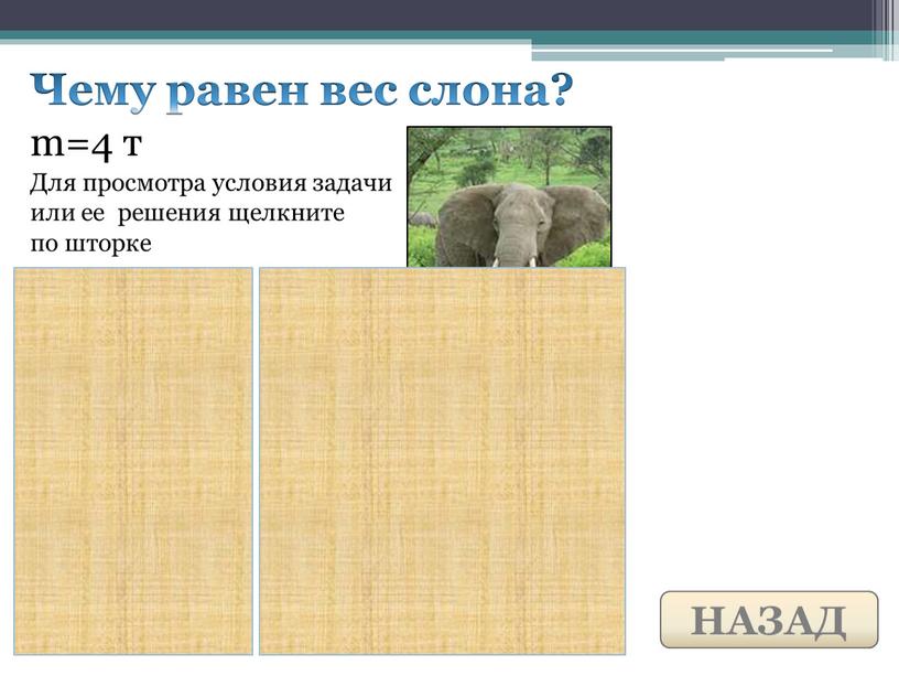 Чему равен вес слона? Для просмотра условия задачи или ее решения щелкните по шторке