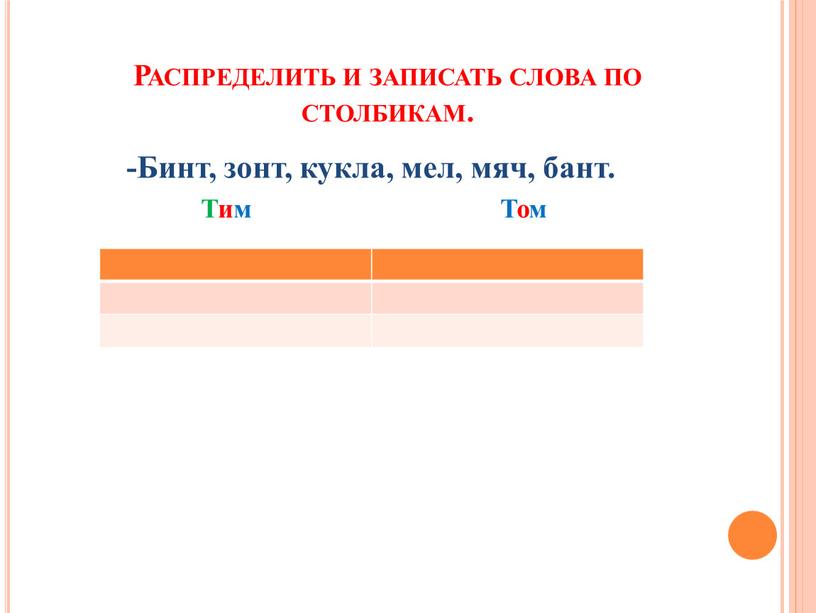 Распределить и записать слова по столбикам