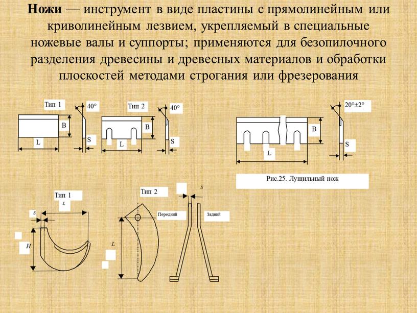 Ножи — инструмент в виде пластины с прямолинейным или криволинейным лезвием, укрепляемый в специальные ножевые валы и суппорты; применяются для безопилочного разделения древесины и древесных…