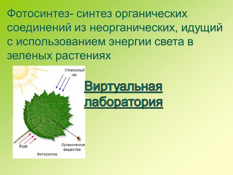 Фотосинтез- синтез органических соединений из неорганических, идущий с использованием энергии света в зеленых растениях