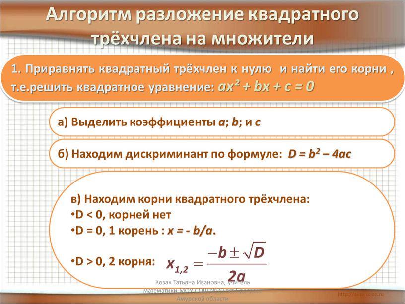 Алгоритм разложение квадратного трёхчлена на множители 1