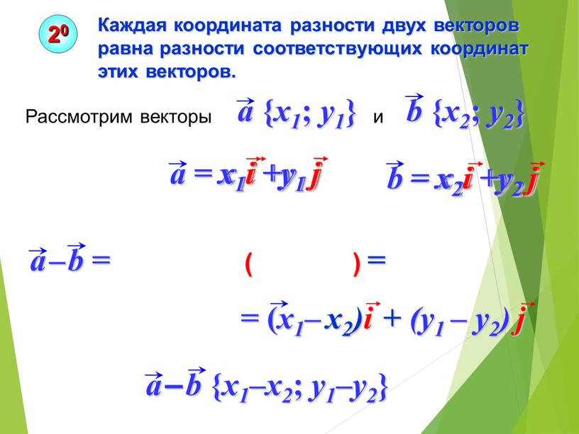 Каждая координата разности двух векторов равна разности соответствующих координат этих векторов