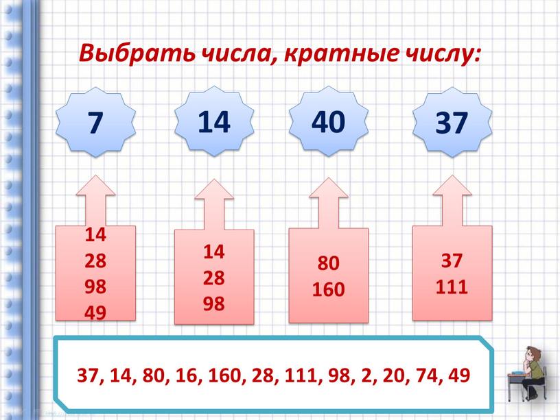 Выбрать числа, кратные числу: 7 14 40 37 37, 14, 80, 16, 160, 28, 111, 98, 2, 20, 74, 49 14 28 98 49 37…