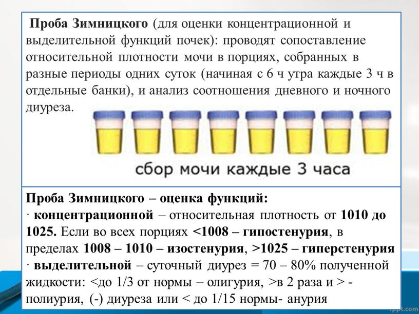 Проба Зимницкого (для оценки концентрационной и выделительной функций почек): проводят сопоставление относительной плотности мочи в порциях, собранных в разные периоды одних суток (начиная с 6…