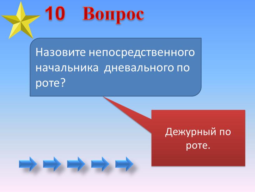 Дежурный по роте. Назовите непосредственного начальника дневального по роте? 10