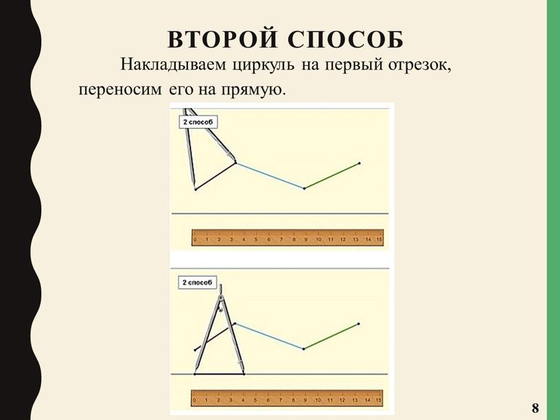 Накладываем циркуль на первый отрезок, переносим его на прямую