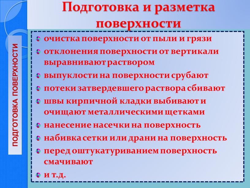 Подготовка и разметка поверхности очистка поверхности от пыли и грязи отклонения поверхности от вертикали выравнивают раствором выпуклости на поверхности срубают потеки затвердевшего раствора сбивают швы…