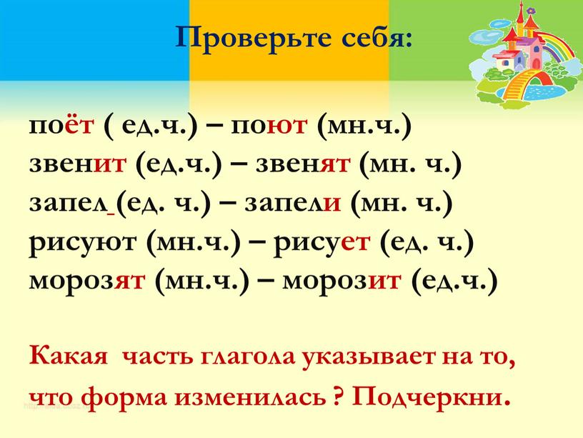 Проверьте себя: поёт ( ед.ч.) – поют (мн