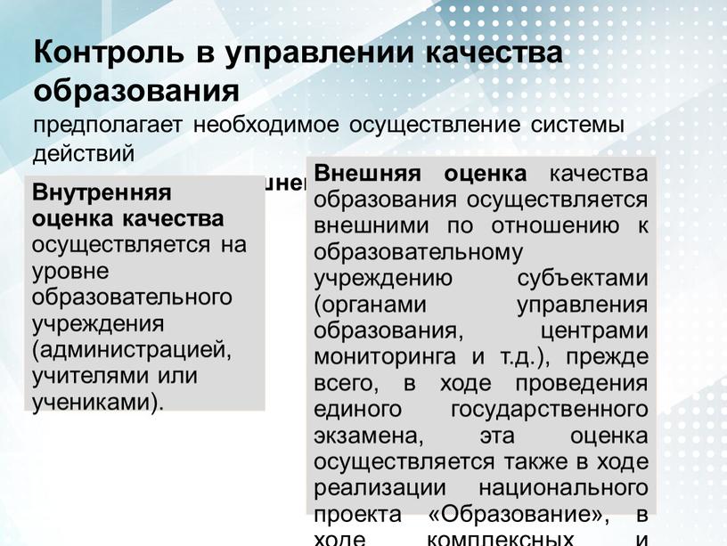 Контроль в управлении качества образования предполагает необходимое осуществление системы действий внутреннего и внешнего плана