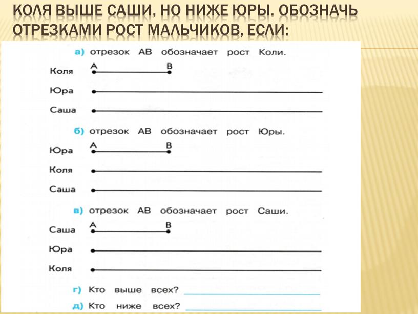 Коля выше саши, но ниже Юры. Обозначь отрезками рост мальчиков, если: